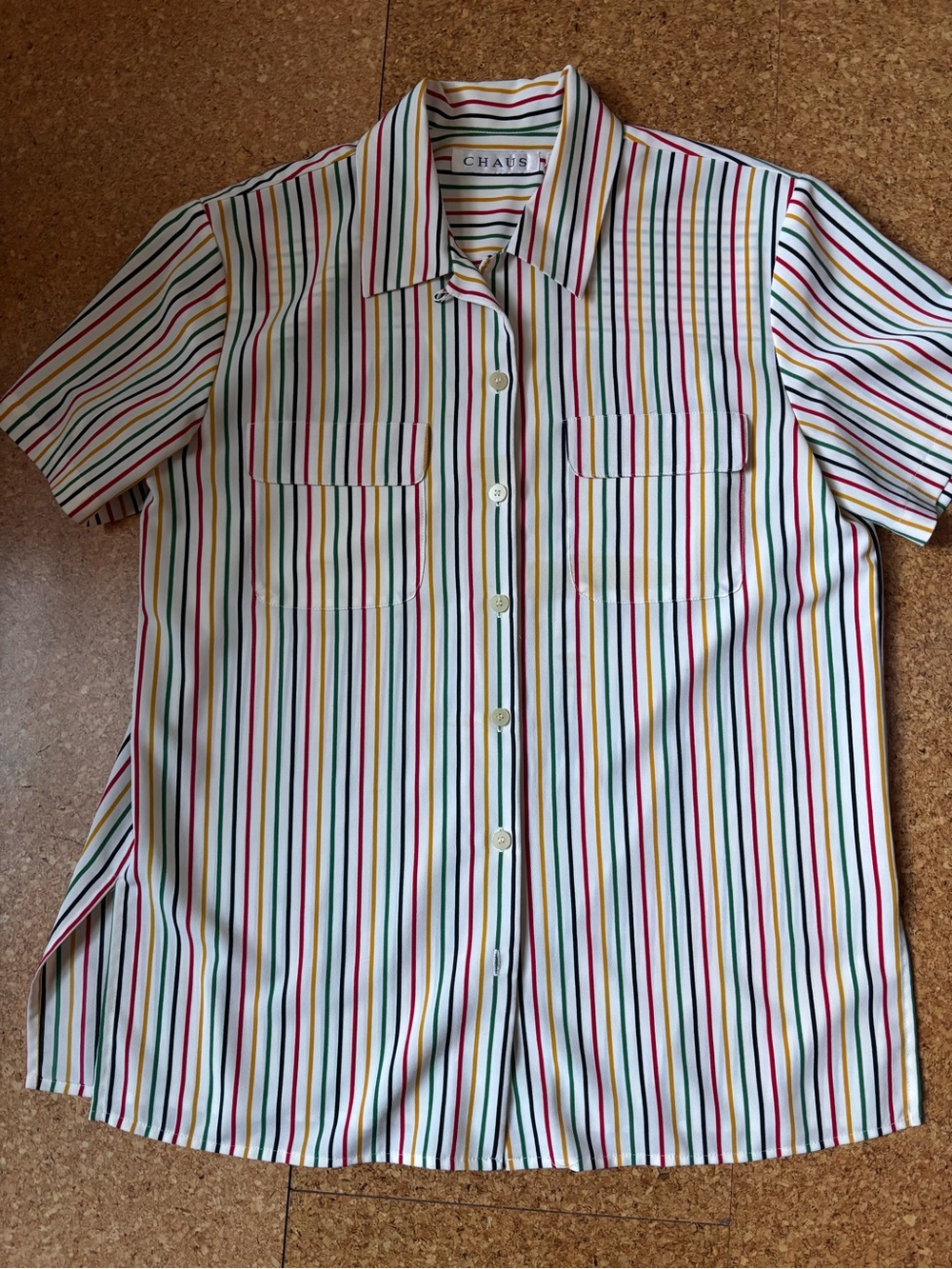 Vintage Short-Sleeve Button-Up Shirt White w/ Red, Green, Blue, Yellow Stripes